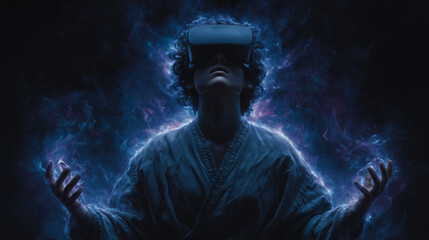 Young person immersed in virtual reality glowing energy background
