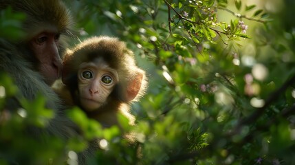 Tender Wildlife Moment of Baby Monkey Clinging to Mother in Lush Jungle with Soft Natural Light