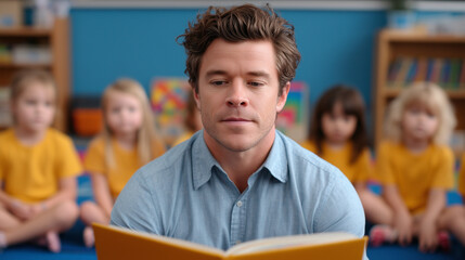 Male teacher reading a book to young children in classroom setting
