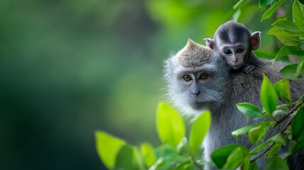 Tender Wildlife Moment of Baby Monkey Clinging to Mother in Lush Jungle with Soft Natural Light