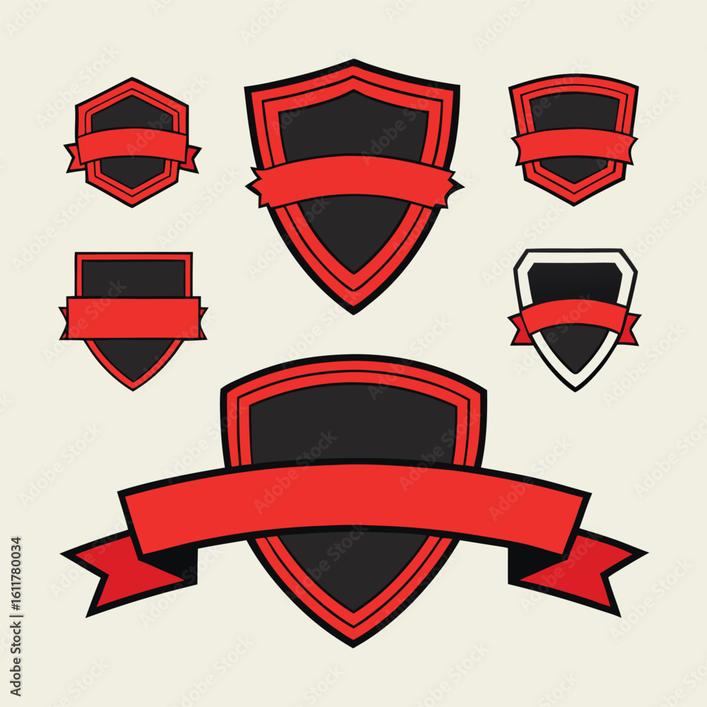 Poster collection of red and black shield badges with ribbons ideal for branding and design projects