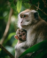 Tender Wildlife Moment of Baby Monkey Clinging to Mother in Lush Jungle with Soft Natural Light