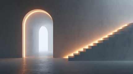 Empty modern interior with glowing archway and stairway.