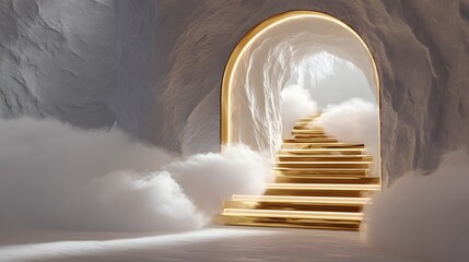 Golden stairway leading through a white cave-like archway into a hazy, cloud-filled space.