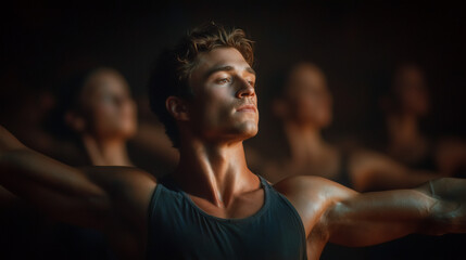 Focused male ballet dancer training with a group in studio lighting
