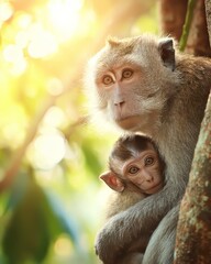 Tender Wildlife Moment of Baby Monkey Clinging to Mother in Lush Jungle with Soft Natural Light