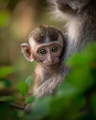 Tender Wildlife Moment of Baby Monkey Clinging to Mother in Lush Jungle with Soft Natural Light