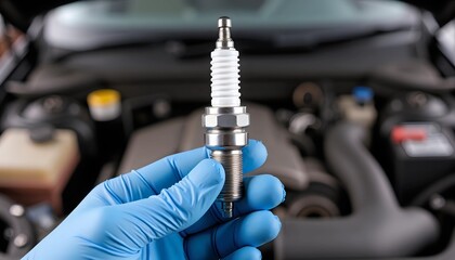 Gloved hand holding a new spark plug, symbolizing essential car engine maintenance and automotive service.
