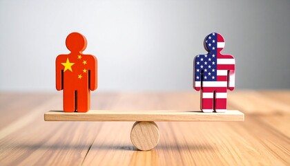 USA–China figures poised on a wooden balance scale, embodying global power equilibrium and strategic diplomacy