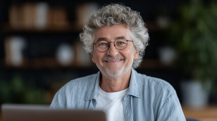 Happy elderly man with curly gray hair working on laptop
