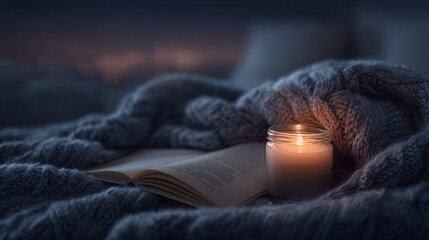 Open book and candle on bed with soft cozy blanket at night
