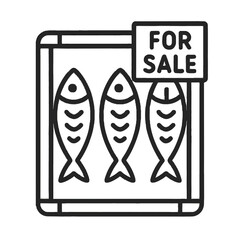 Three fish for sale icon in black outline on white background