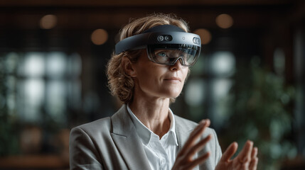 Confident woman using futuristic smart glasses in modern office
