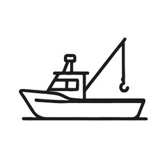  Fishing boat with hook icon in black outline on white background