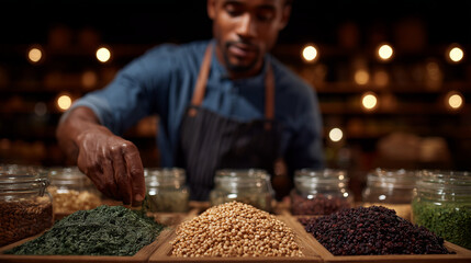 Hand reaching into jars of dried food at bulk spice market
