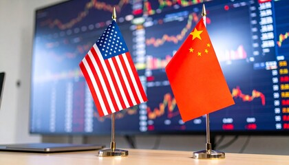 USA–China flags beside stock monitors, symbolizing economic scrutiny and trade power dynamics