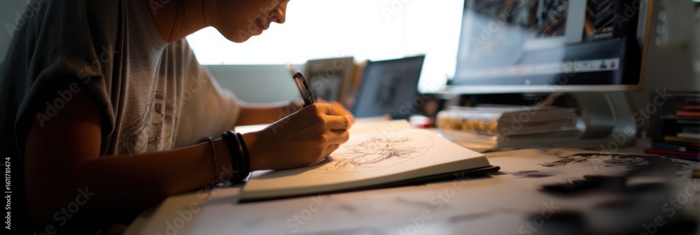 Aufkleber student focused on detail while drawing in a sketchbook at a cluttered workspace filled with creativ