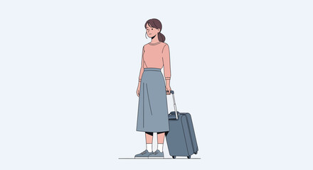 Cartoon woman with ponytail pink top blue skirt sneakers and a blue suitcase.