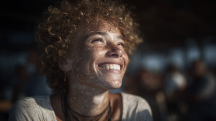 Joyful curly-haired woman smiling in warm sunlight with soft shadows
