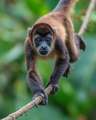 Agile Monkey Swinging Through Rainforest Canopy in Mid-Motion Action Scene