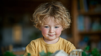 Smiling young child with curly blonde hair playing indoors
