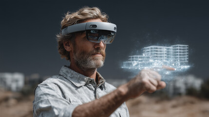 Man using augmented reality headset to interact with digital city model

