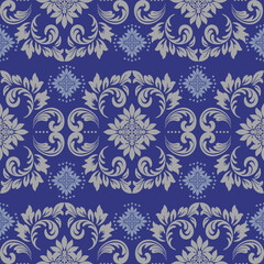 Damask pattern seamless feat. ornate floral motifs in royal. Perfect for textiles, wallpapers, wrapping paper, elegant stationery. This vintage design charm and sophistication to any project.