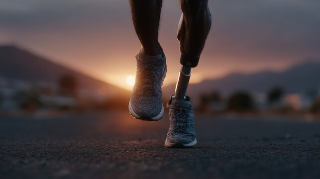 Close-up of athlete with prosthetic leg running at sunset
