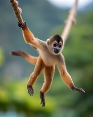 Agile Monkey Swinging Through Rainforest Canopy in Mid-Motion Action Scene