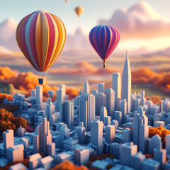 Colorful Hot Air Balloons Over a Fantasy Cityscape at Sunrise