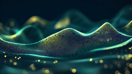 Abstract digital wave, vibrant turquoise and gold particles, creating a dynamic, flowing, wavy landscape effect.  A network of glowing points creates the texture and form, against a dark background