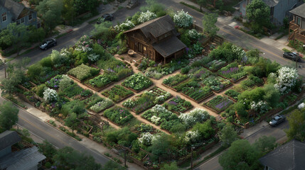 Aerial view of organized urban homestead garden with central wooden house
