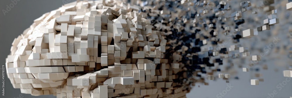Poster overhead view of brain sculpture made of data blocks with a clean left side and a dynamic dispersal 