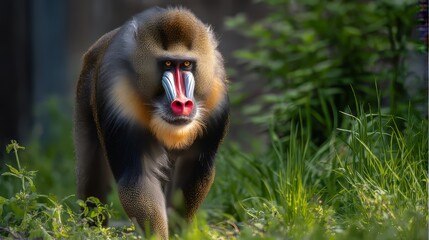 Colorful Mandrill Monkey Walking Through Jungle with Sunlight and Vibrant Fur