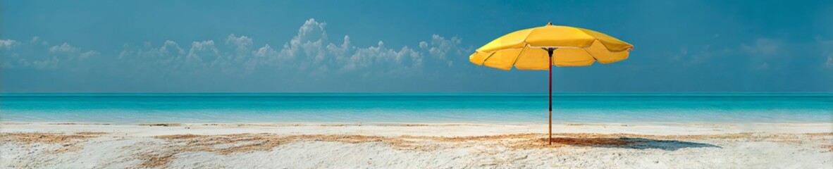 Aerial View of Yellow Beach Umbrella on White Sand with Turquoise Sea on a Tropical Islan