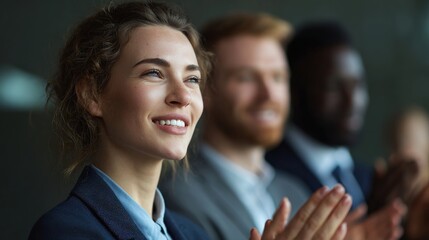 Obraz premium Smiling Businesswoman Clapping in Conference with Two Colleagues