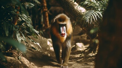Colorful Mandrill Monkey Walking Through Jungle with Sunlight and Vibrant Fur