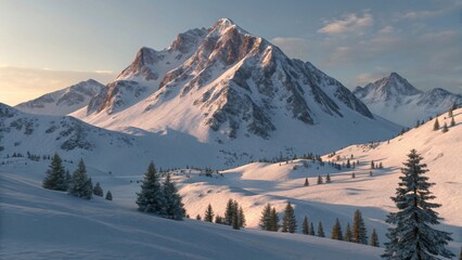 Majestic Snow-Capped Mountain Landscape at Sunset with Trees