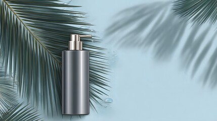 Elegant grey bottle with palm leaves on a light blue background.