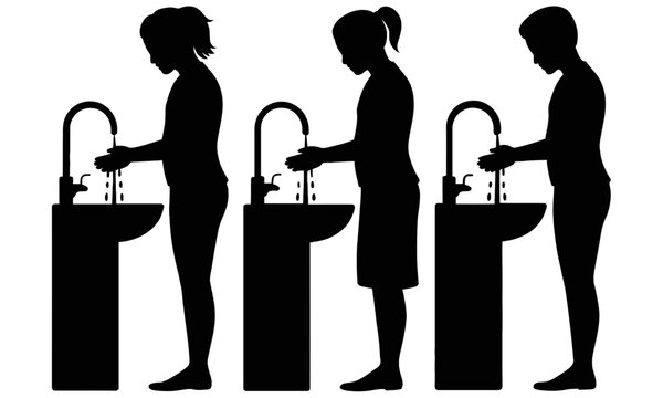 Silhouettes washing hands at three sinks