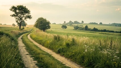 Scenic Country Pathway Through Green Fields Under Soft Light