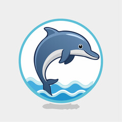 Fototapeta premium Playful Dolphin Leaping Gracefully from Ocean Waves in Circular Cartoon Illustration