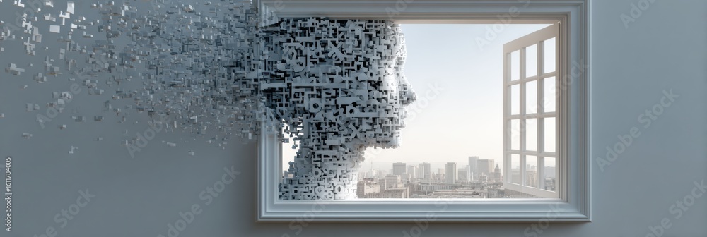 Aufkleber conceptual maze flowing through an open window in a head with a clean wall and city view