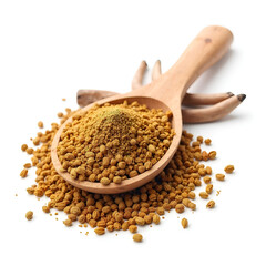 Rustic wooden spoon filled with colorful spices, isolated on a clean white background.