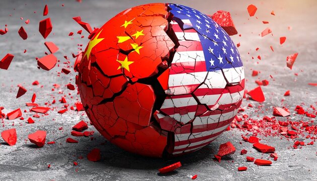 Shattered USA–China globe with explosion, symbolizing geopolitical rupture and escalating conflict