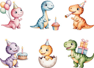 Watercolor dinosaur birthday party set. Cartoon baby dinosaur with cakes, hats and gifts.