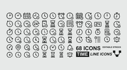 Timeline editable icon set. Contains icons related to Clocks, sand clocks, time, date, and more. Editable stroke. Vector illustration
