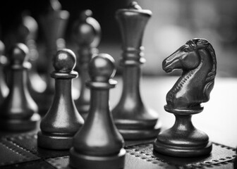 close-up of chess pieces on a chessboard, highlighting the knight and pawns. strategy background