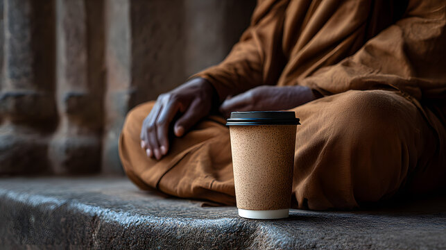 monk sitting with coffee