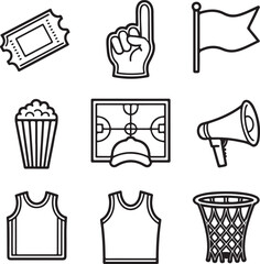 Basketball Fan & Court Essentials Icon Pack Ticket, Foam Finger, Basketball Court, Team Flag, Popcorn, Cap, Cheer Megaphone, Jersey, Basketball Hoop Net